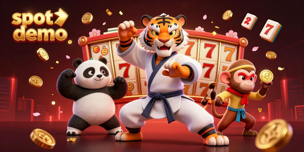 Experience vibrant slot demo adventures with a kung fu tiger, panda, and monkey in an eye-catching 3D scene.
