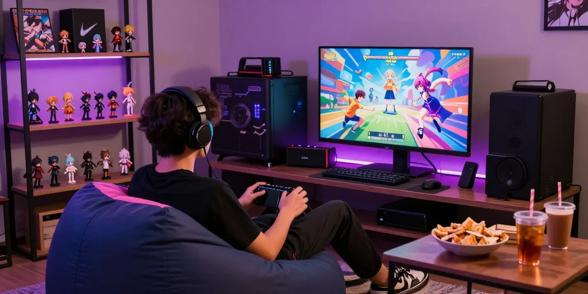 Engaging player enjoying an ecchi game in a colorful gaming room.
