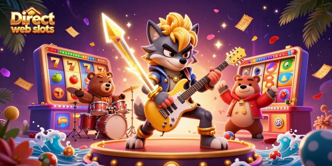 Engage with Direct web slots featuring a 3D cartoon rock star wolf and lively drummer bear in a thrilling casino scene.