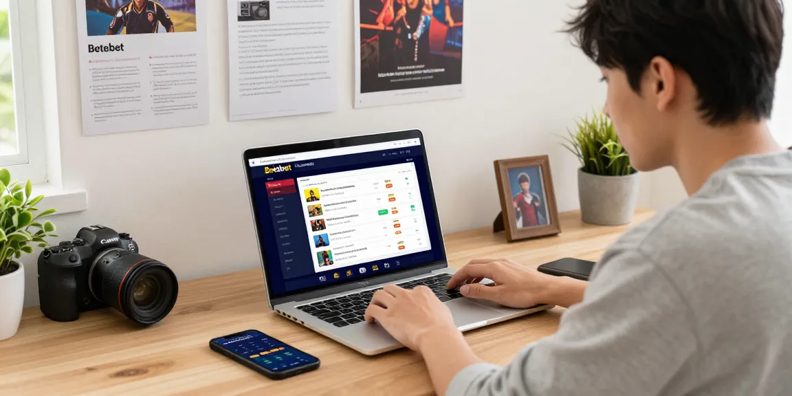 Engaged user exploring betebet online betting platform on a laptop in a cozy home office setting.