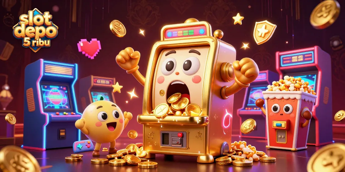 Engage with slot depo 5 ribu as a golden slot machine hits a jackpot, surrounded by cheering baby slots and arcade elements.