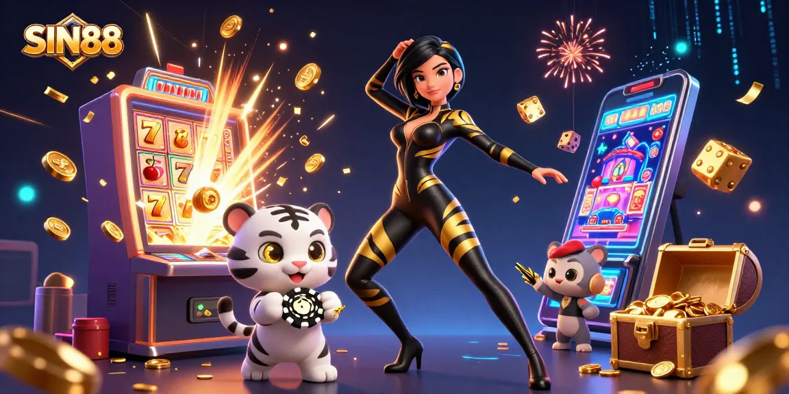 SIN88 showcases a thrilling casino scene with vibrant characters and dynamic game elements.
