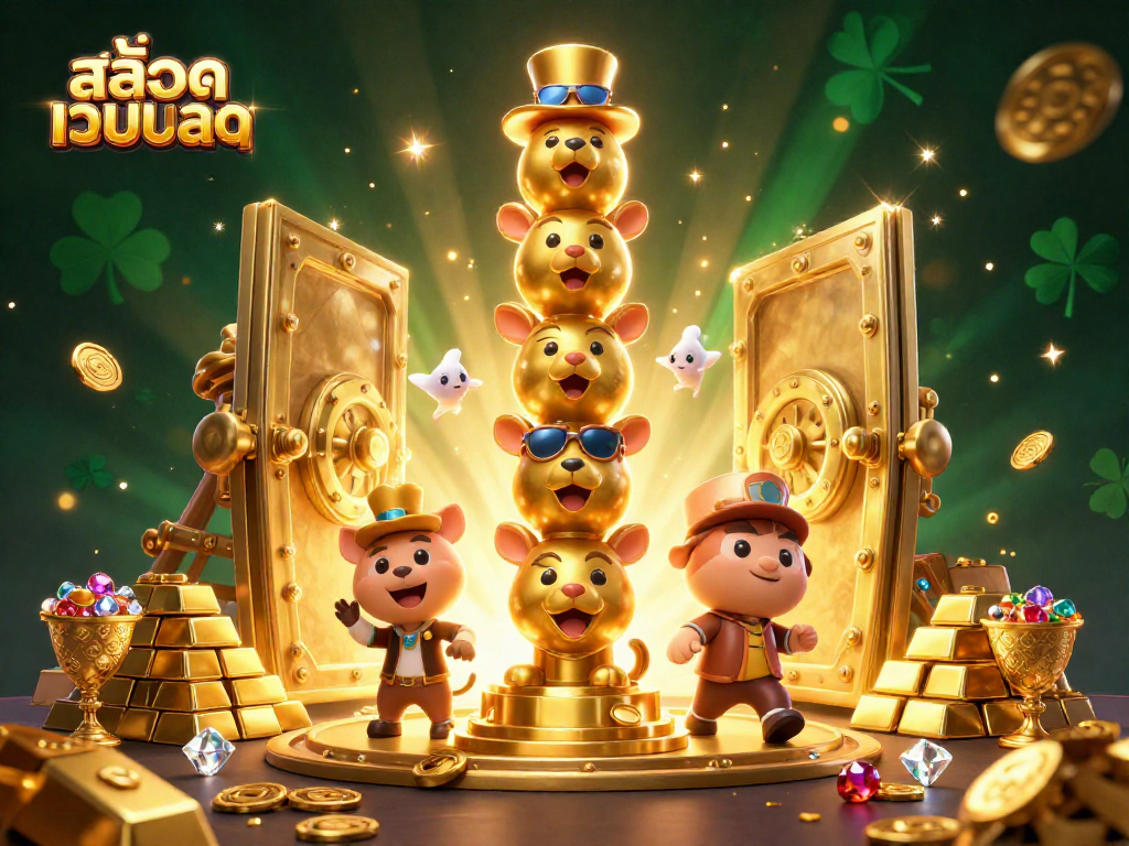 Engage with สล็อตเว็บตรง featuring vibrant totem art, gold treasures, and casino elements in a lively scene.