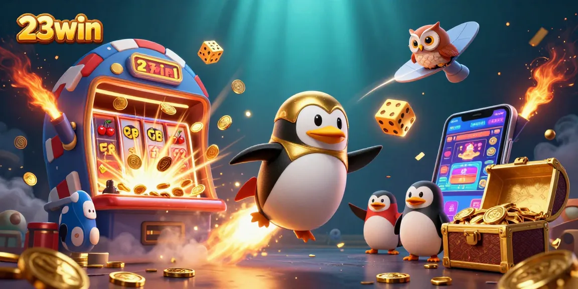 Spin and win with 23win's exciting casino adventure featuring a golden penguin and jackpot symbols!