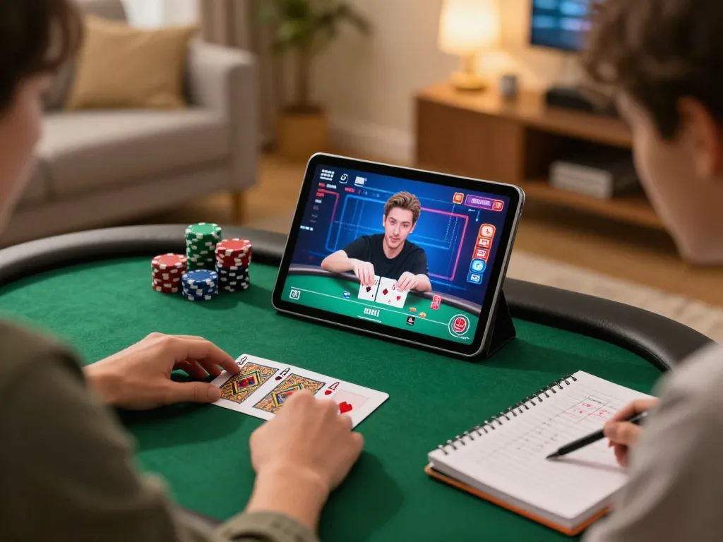 Player engaged in online poker gaming at home, highlighting fun strategies in a cozy environment hu