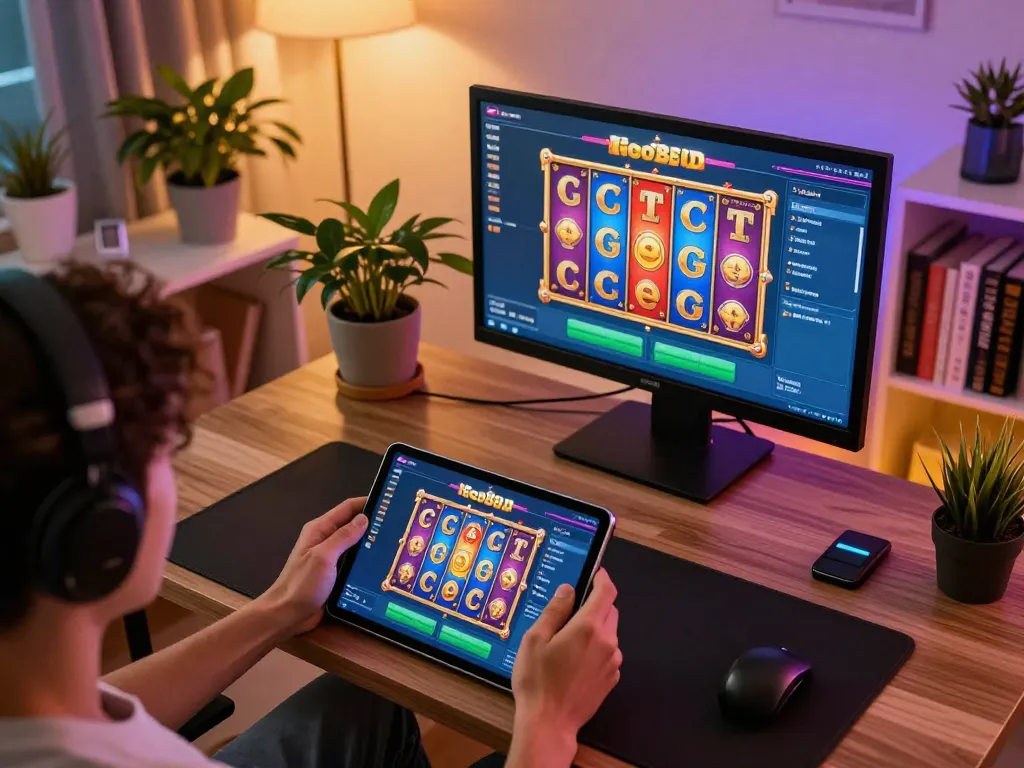Engaging moment playing game go88 on tablet with colorful slot reels visible, creating a lively online gaming atmosphere