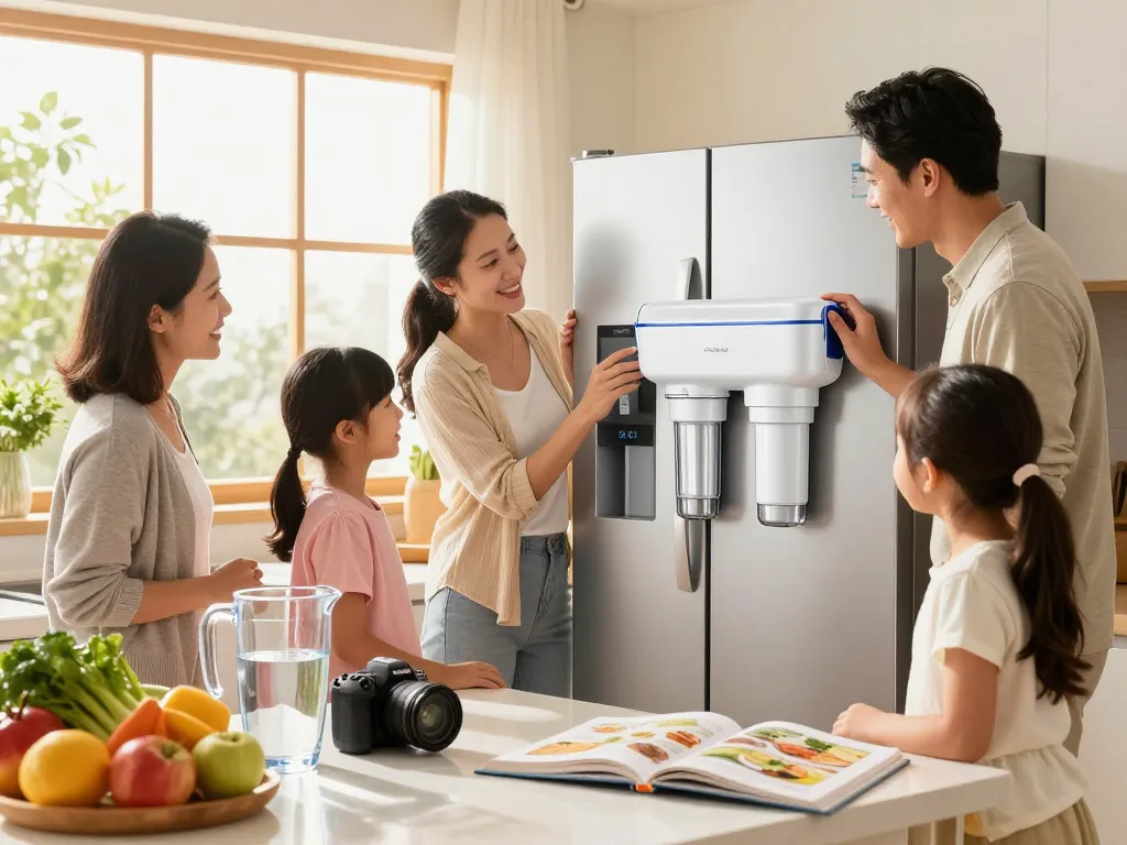 Family preparing healthy meal using Overbest DA29-00020B Refrigerator Water Filter in a sunny kitchen