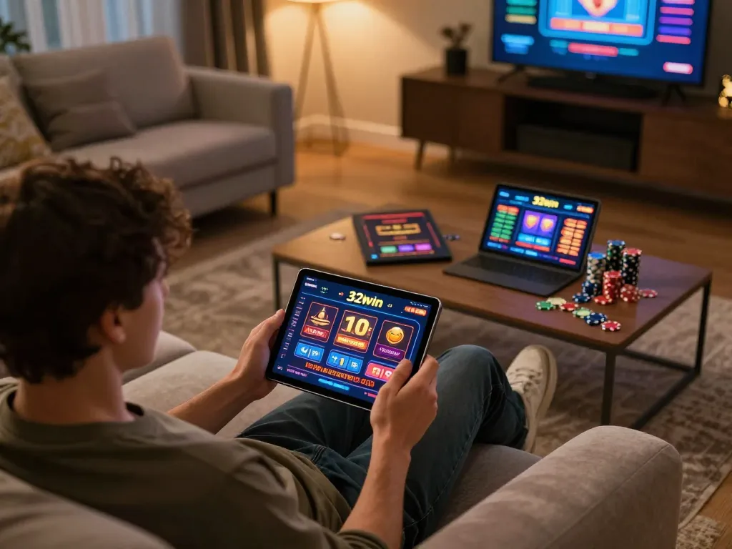 Player enjoying online casino gaming on 32win with tablet and strategic notes.