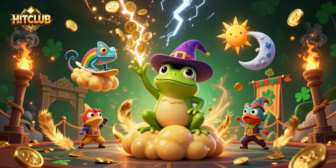 Experience excitement at HITCLUB with a wizard frog and a chameleon amidst a storm of golden coins.