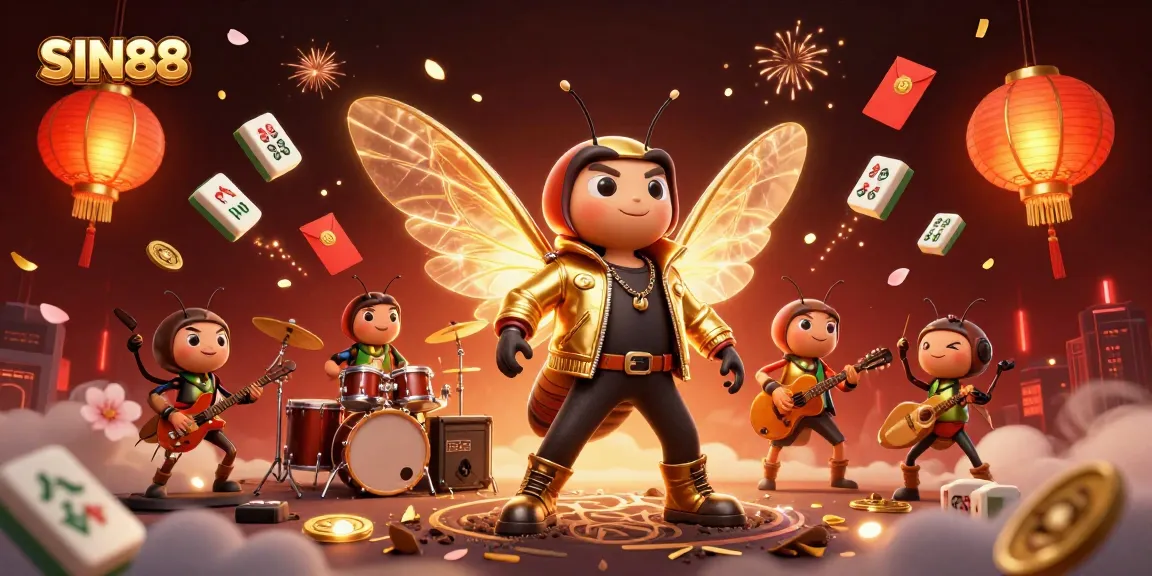 SIN88 casino game scene featuring a cicada rock star, beetle drummer, and crickets surrounded by vibrant gambling elements.