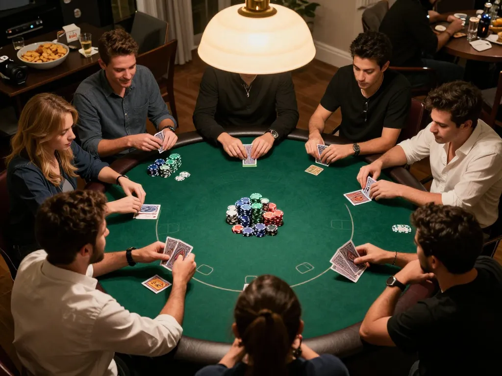 Players engaged in a strategic poker game at home while enjoying snacks, showcasing the excitement of rik vip.