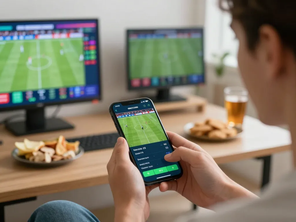 Person placing bets on OKFUN sports betting app while watching live matches on TV.