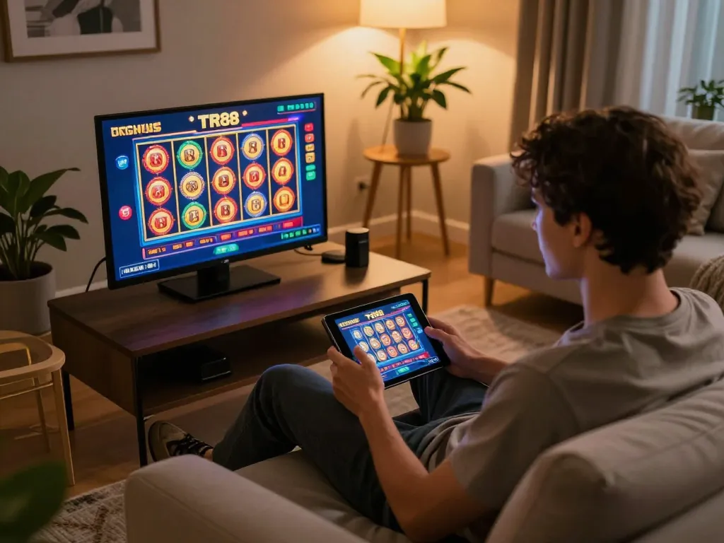 Player engaging with TR88 online casino games on tablet in a cozy home setting