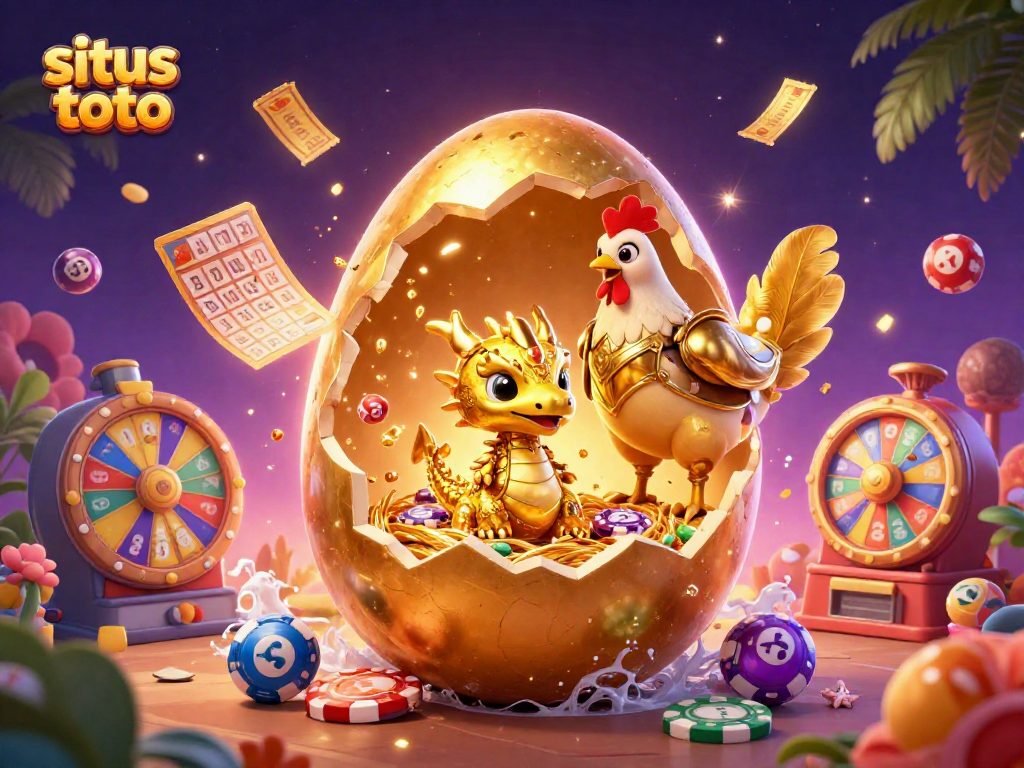 Engage with situs toto, featuring a golden egg and crystalline dragon amidst vibrant lottery elements.