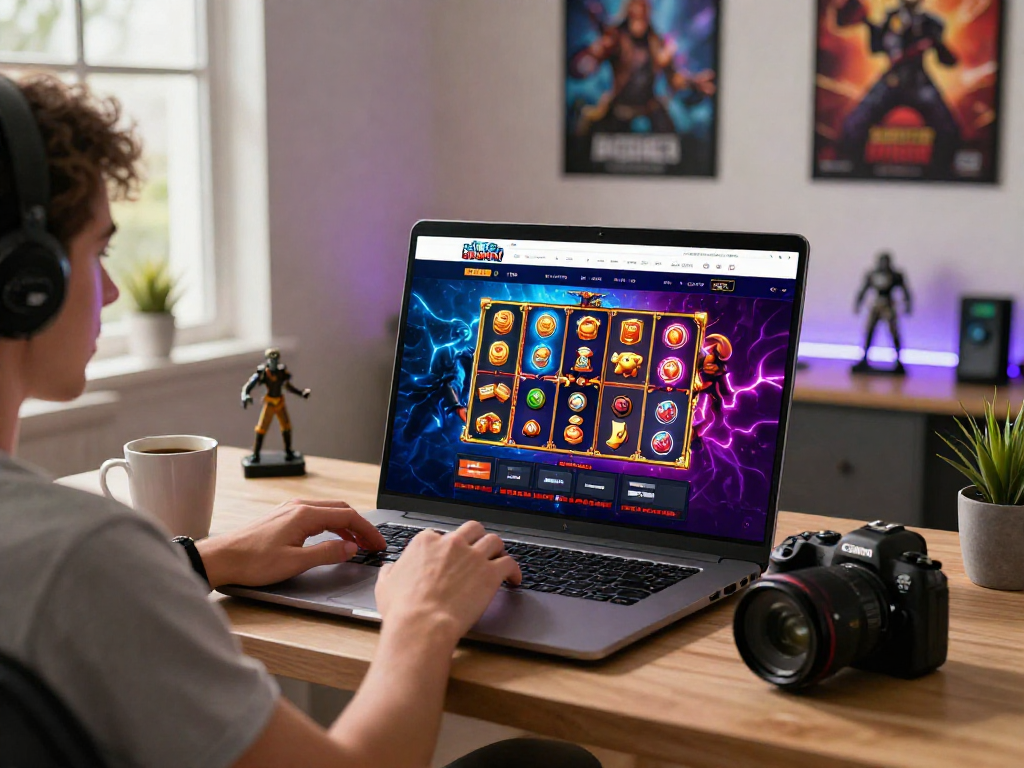 A player using mpocash.blog to explore exciting online slots with scatter features in a vibrant gaming setup.