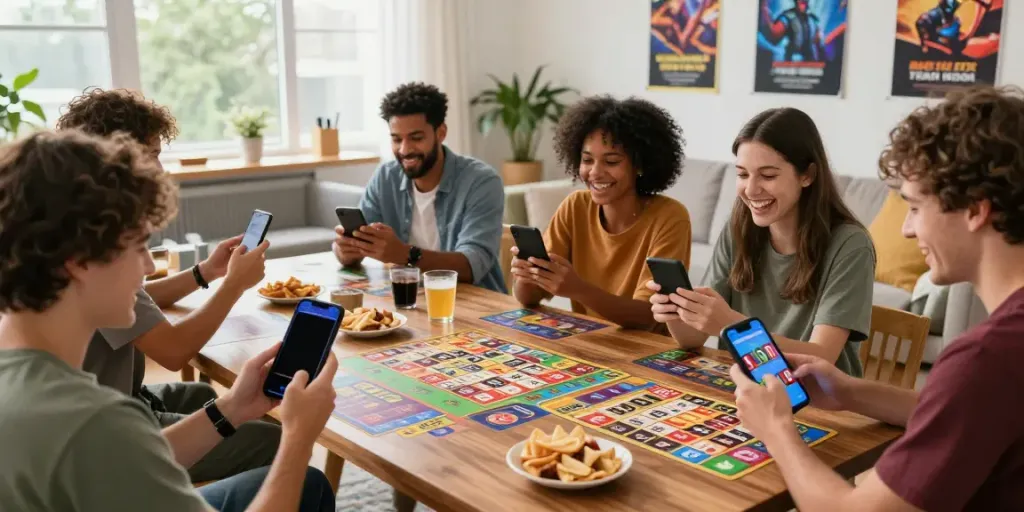 Players enjoying bingo 101 game on mobile devices in a lively gaming atmosphere.