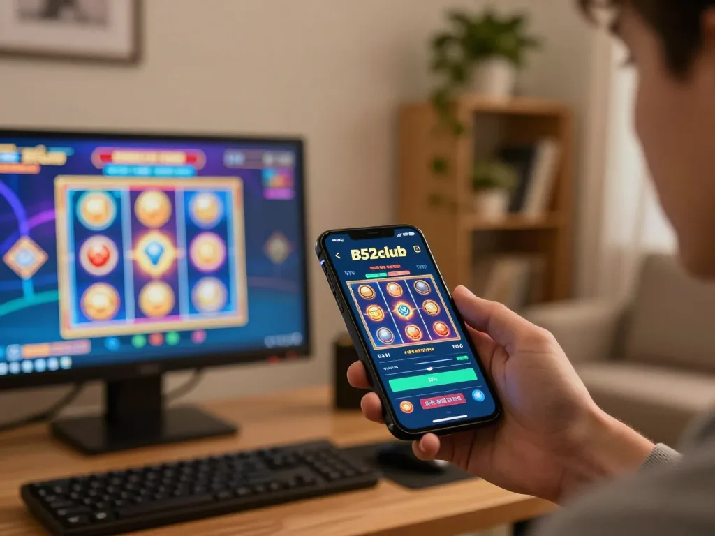 B52club player enjoying an online casino game on their smartphone in a cozy living room setting.