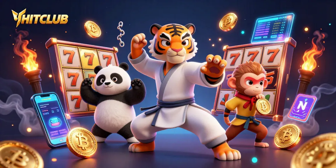 Spin jackpots at HITCLUB with colorful slots, bitcoin coins, and vibrant characters!