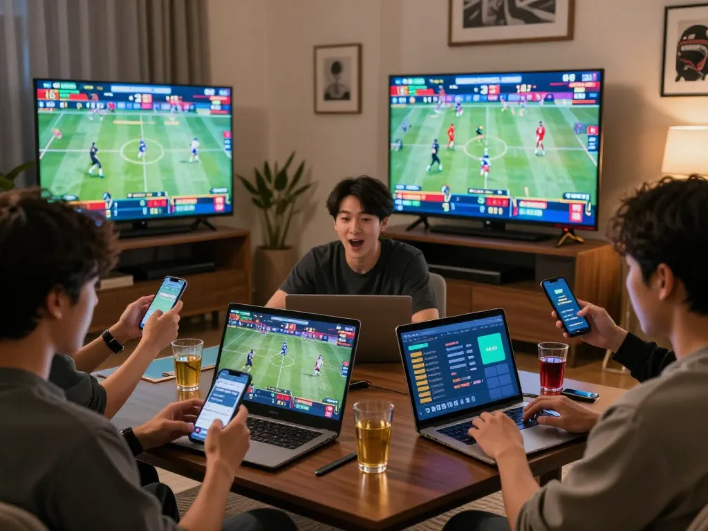 Engaging scene of sports betting enthusiasts using LGOGOAL platform on multiple devices, highlighting interactive betting experiences.