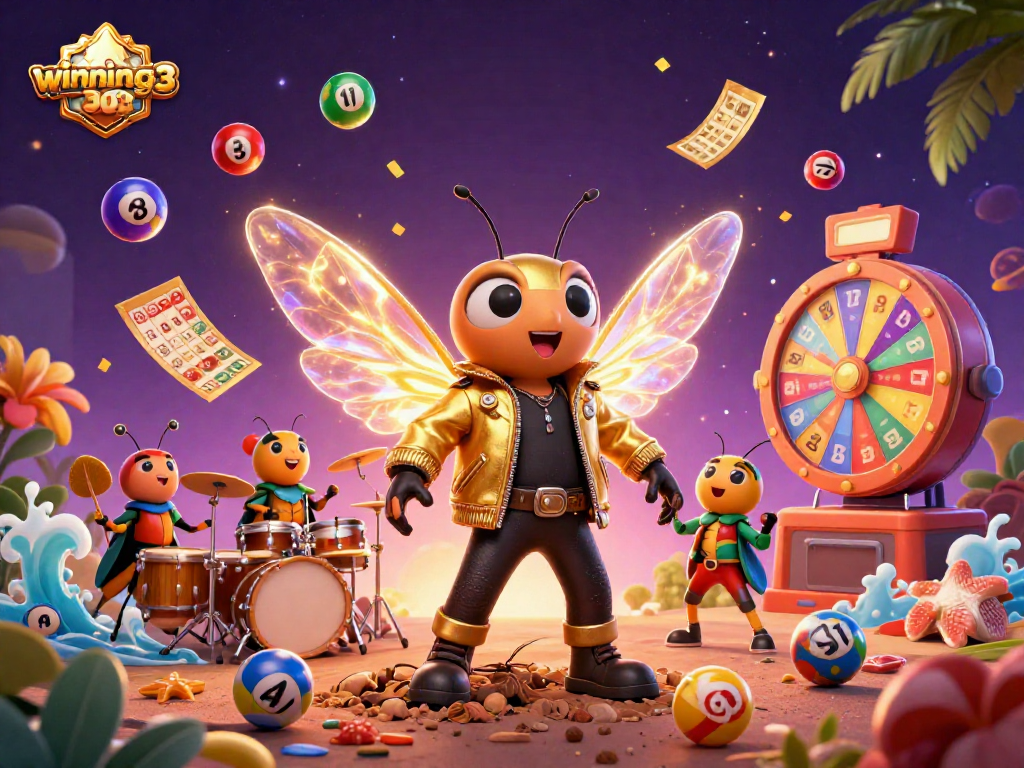 Engage with winning303's vibrant casino scene featuring cartoon rock star and dynamic lottery elements.