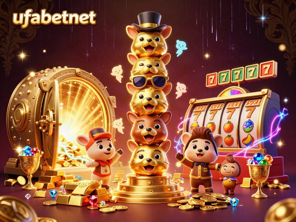 Experience the vibrant ufabetnet casino scene with a lively totem pole and gold treasure elements.