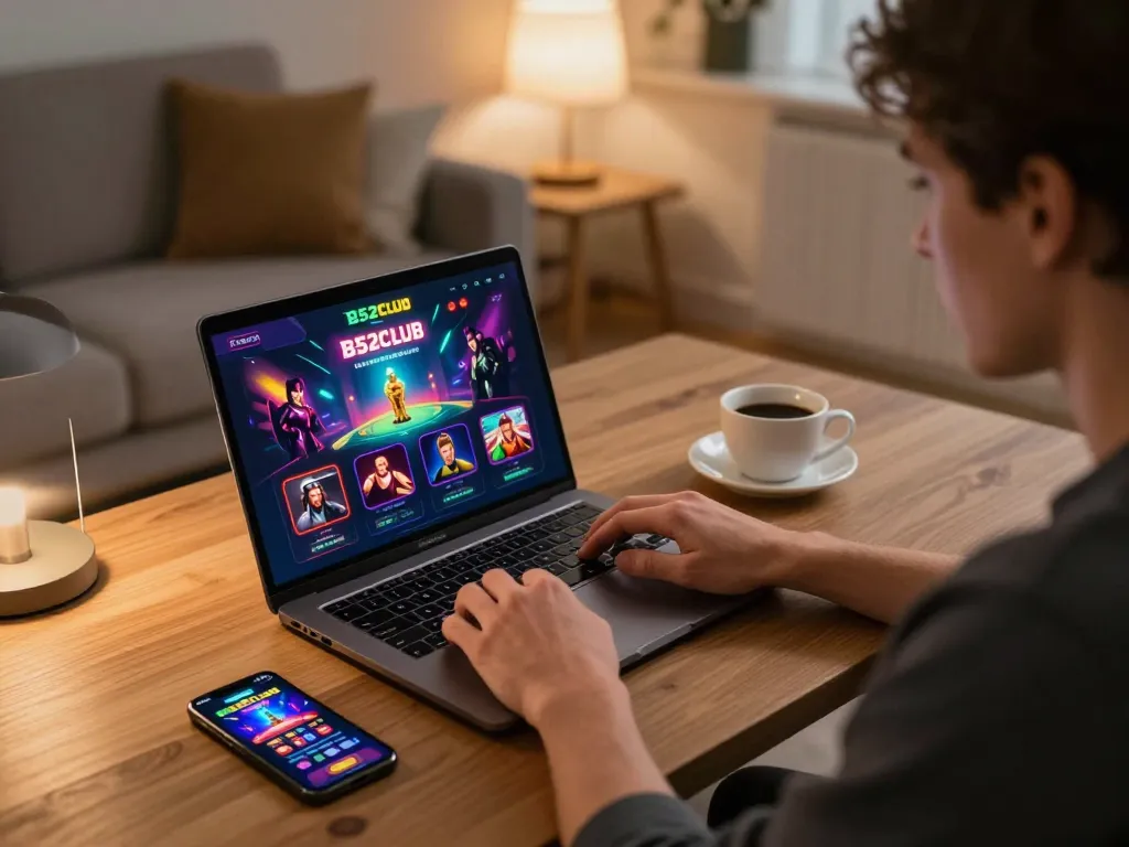 Người chơi B52club tham gia trực tuyến với đồ họa casino sống động trên laptop và smartphone trong không gian ấm cúng.