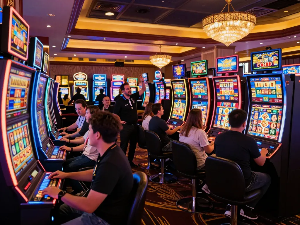 Nohu90 players enjoying a thrilling moment at vibrant slot machines in a bustling casino scene.