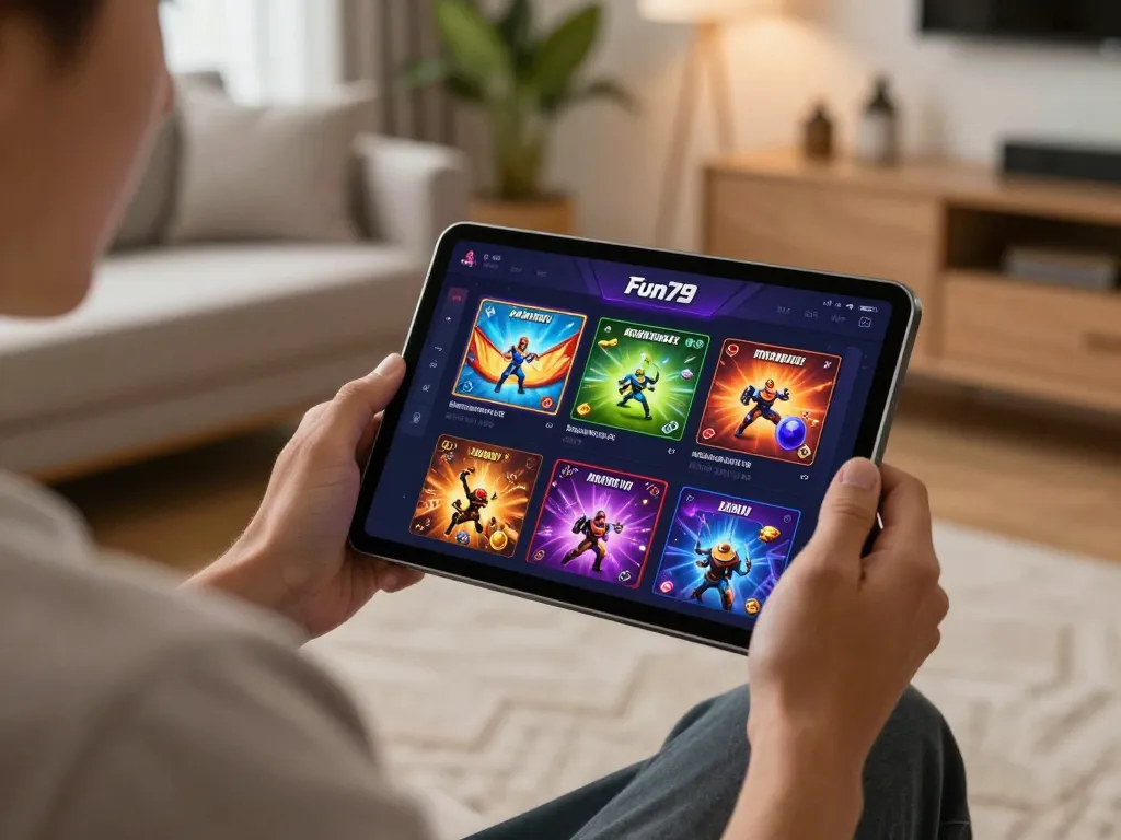 Playing fun79 online casino game on a tablet in a cozy living room setting