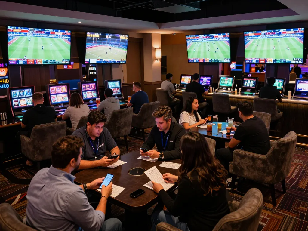 O8 sports bettors analyzing live events in a lively casino setting