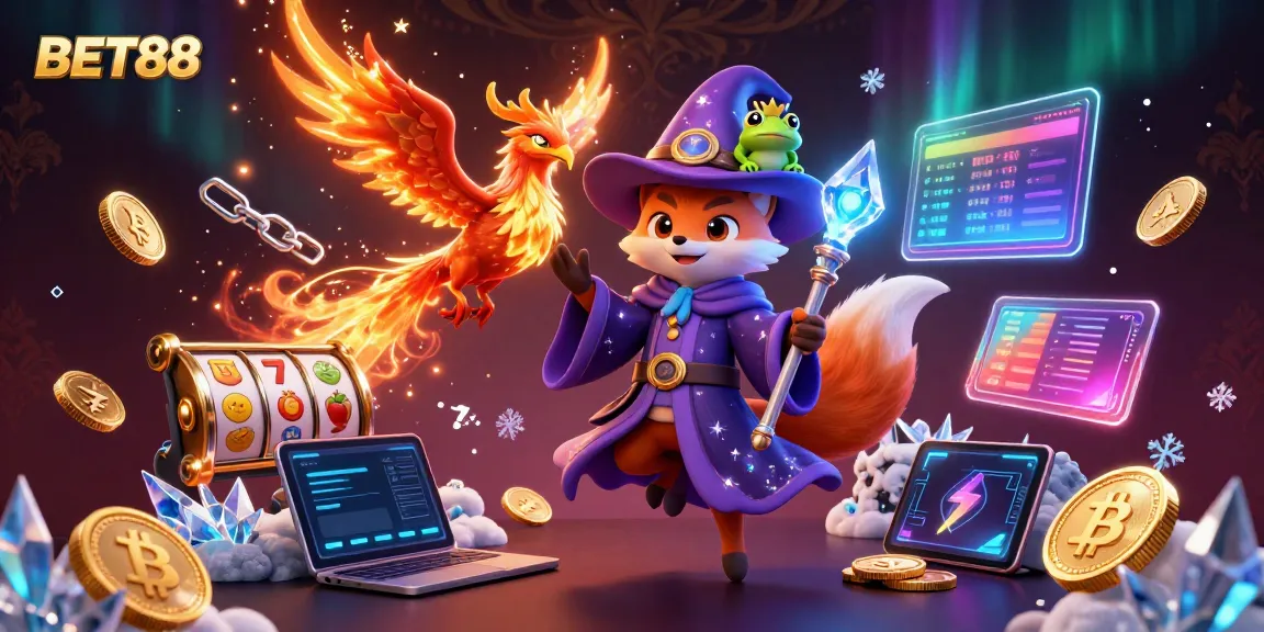 Experience winning thrill at BET88 with a vibrant, mystical casino scene illustrated in 3D.