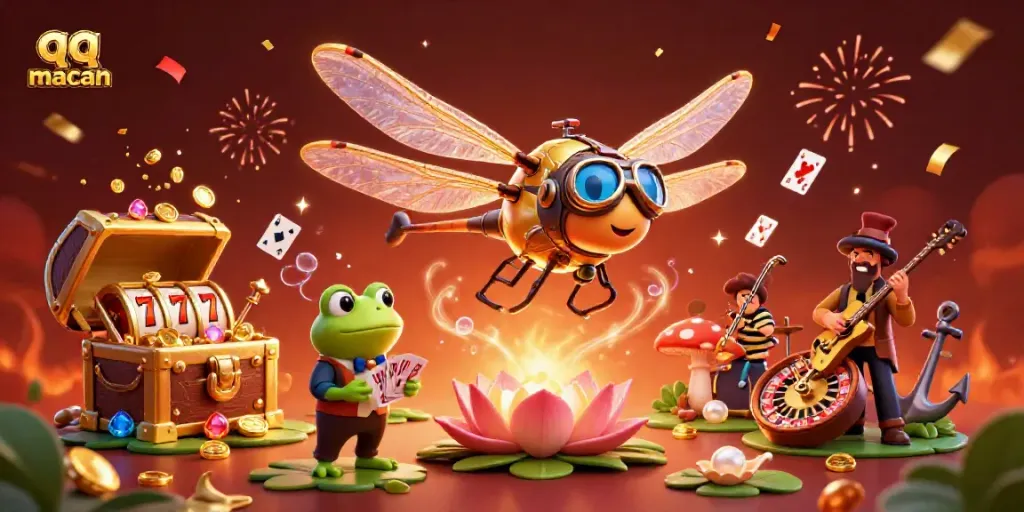 Experience the thrill of qq macan as a dragonfly pilot and frog croupier engage in a lively casino scene.