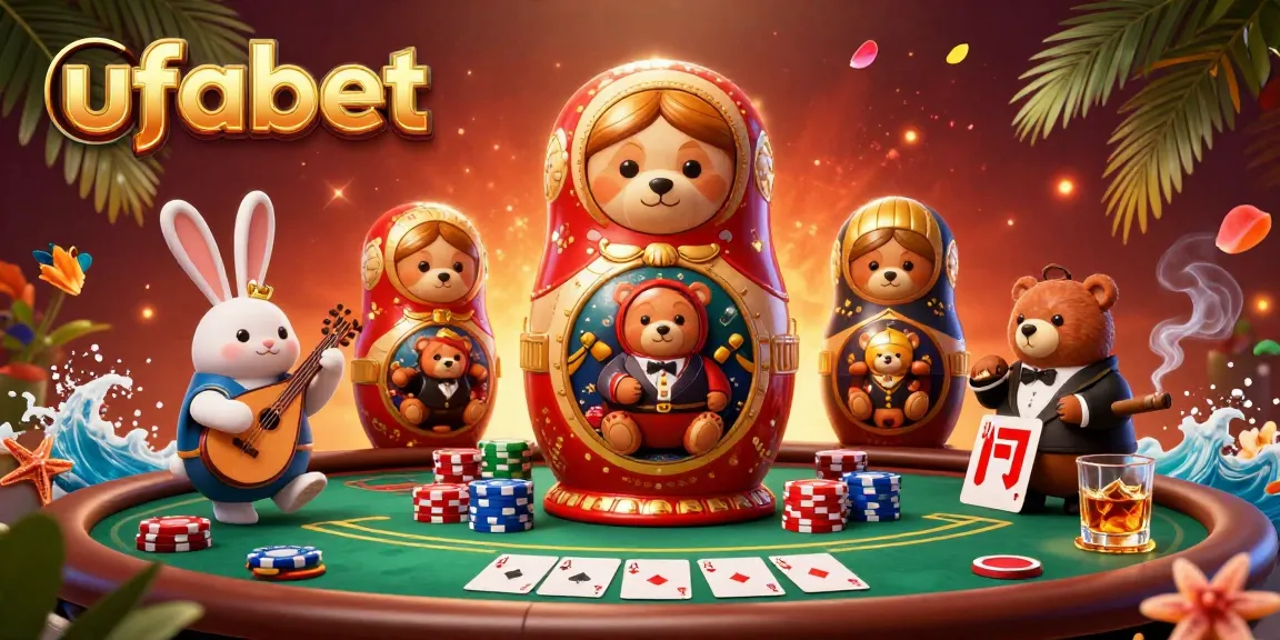 Engage with ufabet's vibrant 3D casino atmosphere featuring dealer bears and festive elements.