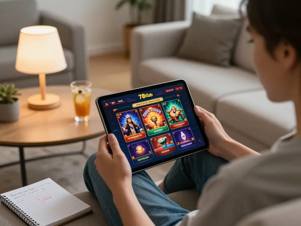 Engaging with the 789club platform on a tablet in a cozy home setting, showcasing online gaming.