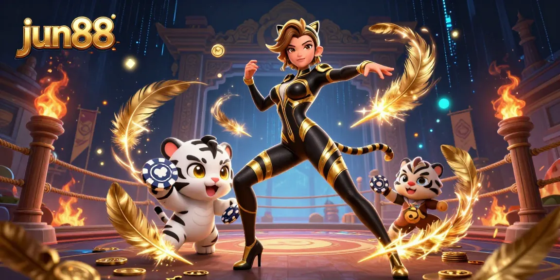 Experience thrilling gaming at jun88 with a stunning illustration of a woman and tiger, capturing vibrant energy and excitement.