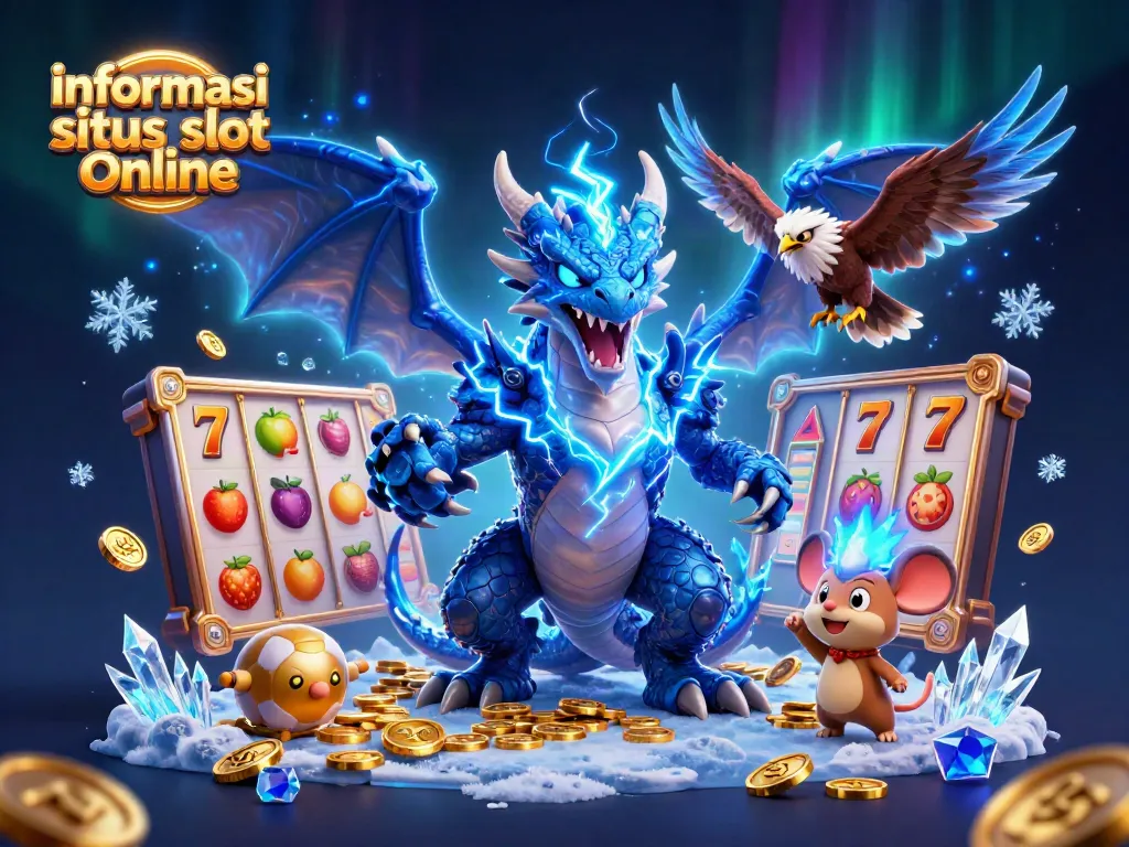 Ilustrasi 3D kasino dengan informasi situs slot online dikelilingi elemen permainan, seperti simbol buah dan jackpot.