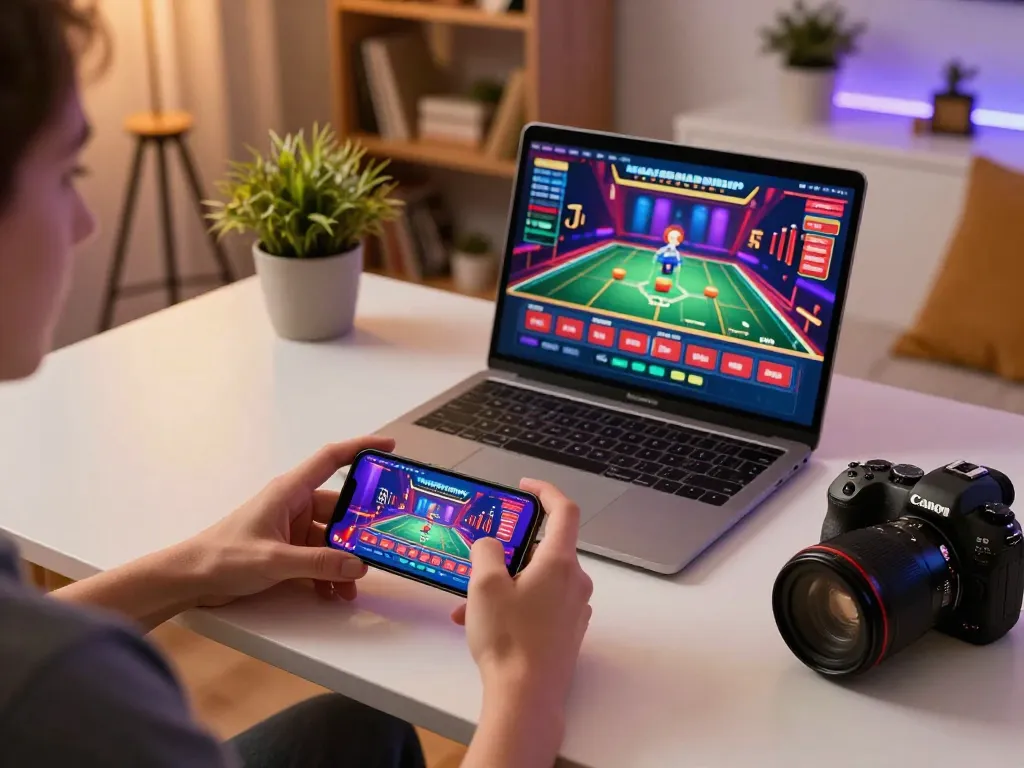 KADAL778 player engaging with a vibrant casino app on smartphone amidst an inviting home environment.