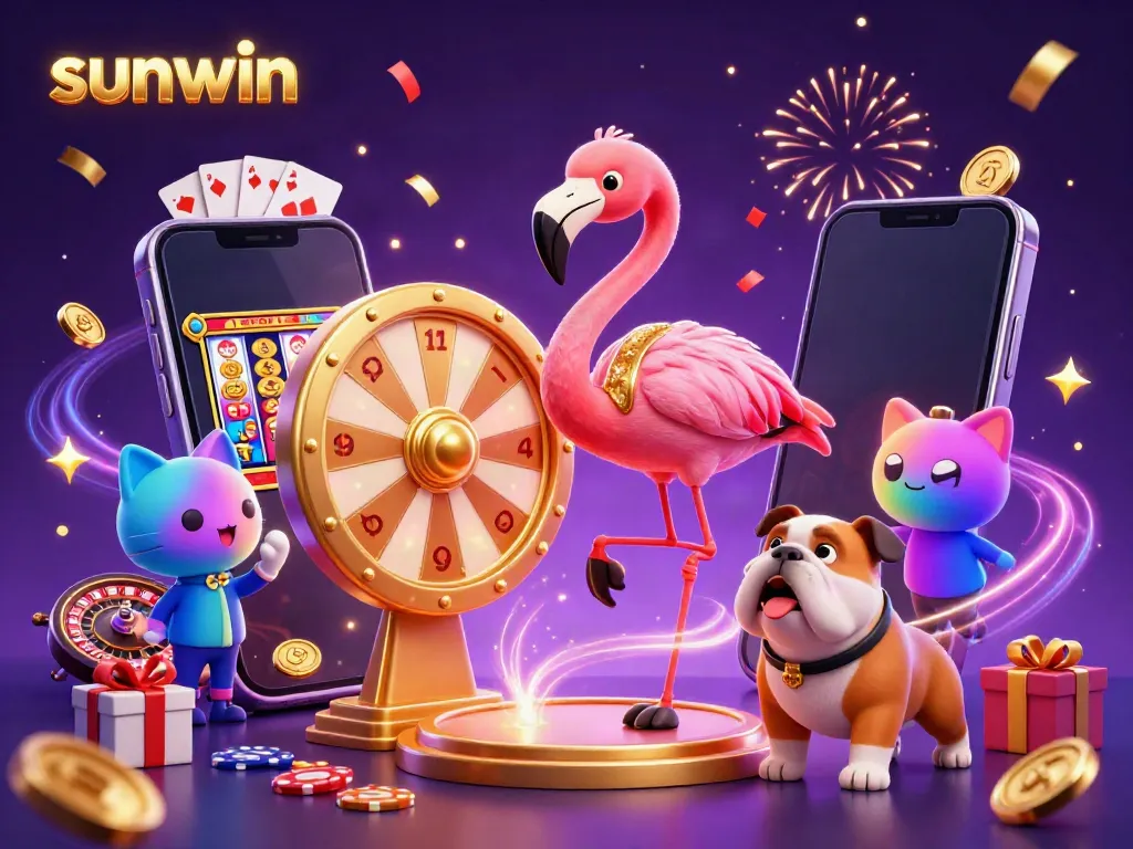 Engage in exciting gaming action with sunwin's animated characters celebrating wins and playing casino games.