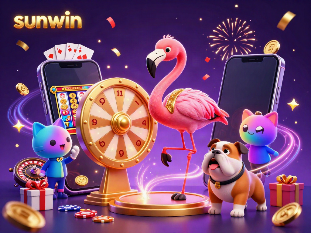 Engage in exciting gaming action with sunwin's animated characters celebrating wins and playing casino games.