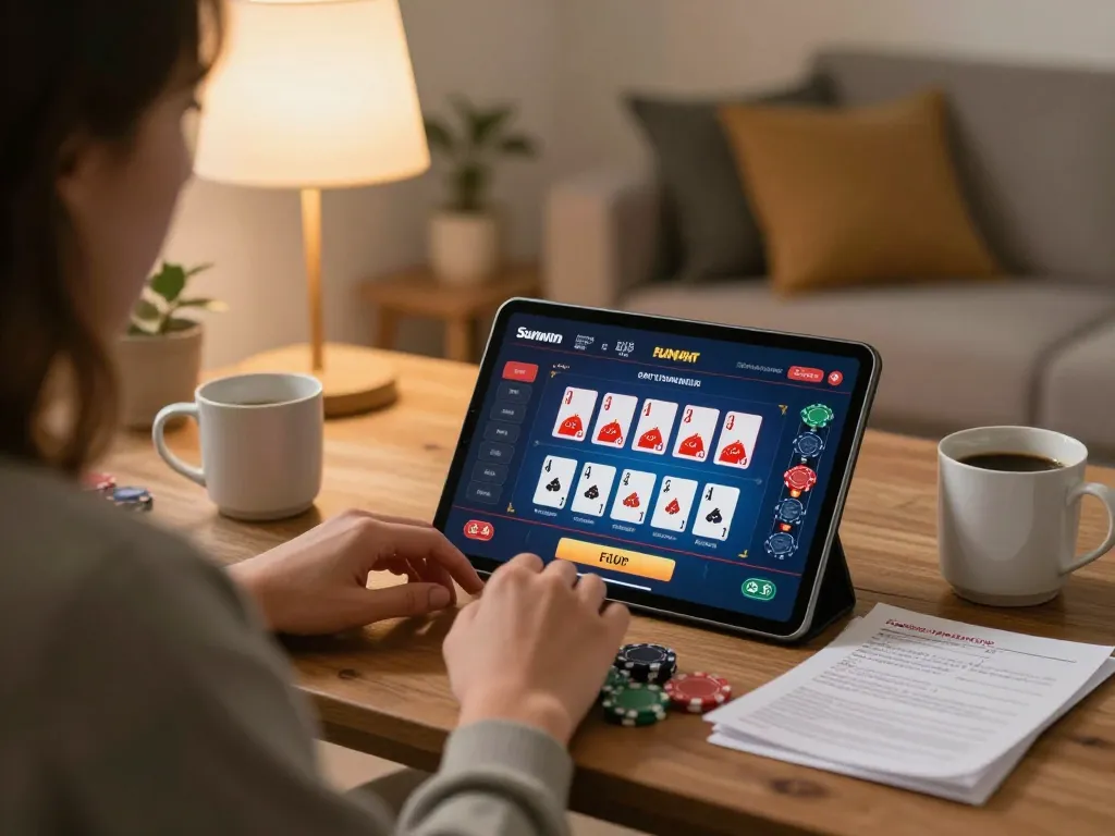 Engaged player enjoying Sunwin online games on a tablet in a cozy home environment.