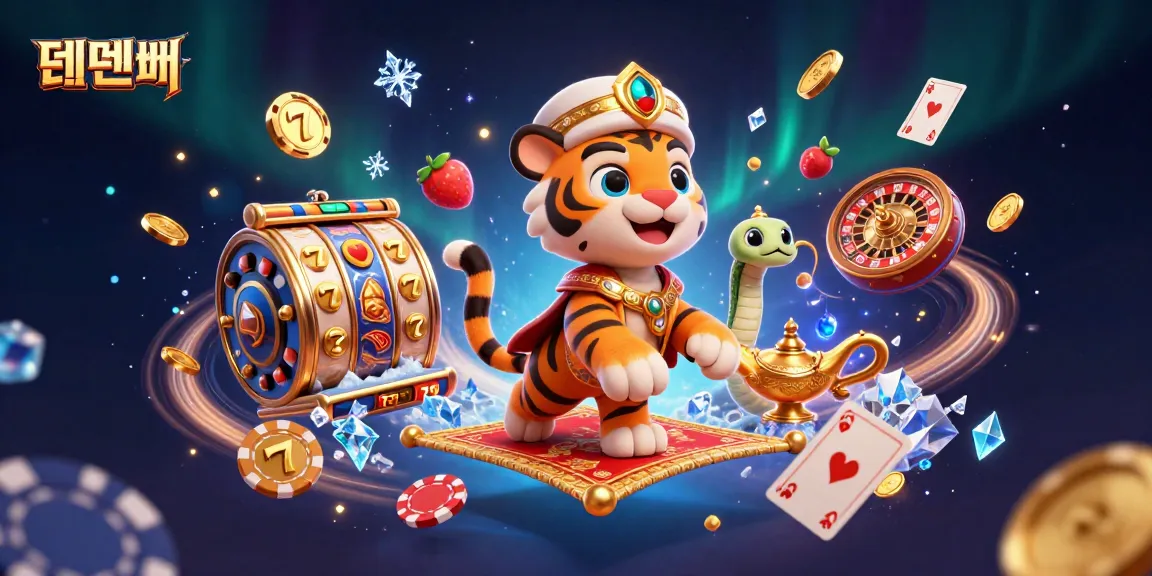 Experience the excitement of 텐텐벳 with a vibrant 3D casino illustration showcasing dynamic game elements like slot reels and golden trophies.