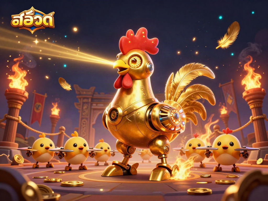 Engage in thrilling สล็อต adventures with a golden rooster robot and baby chick drones amidst fire and coins.