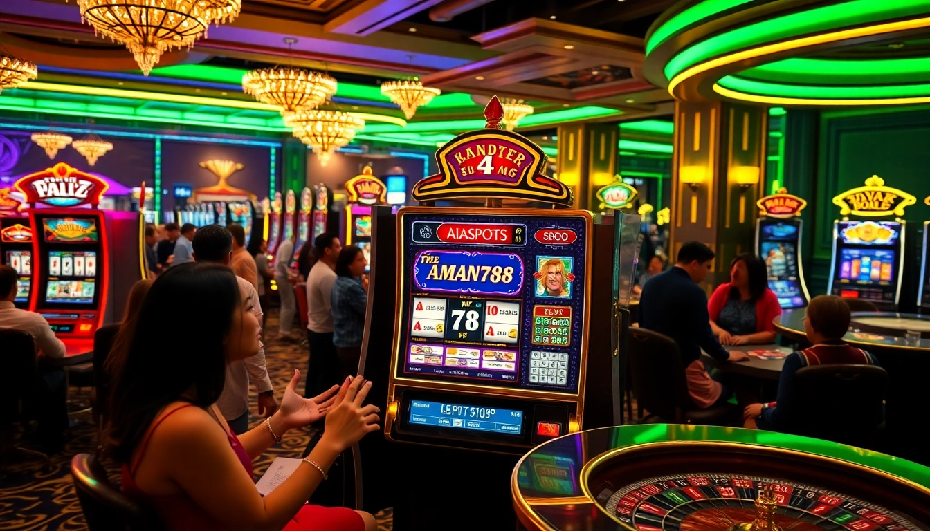 Nikmati kegembiraan di mesin slot AMAN788 dengan lampu berwarna-warni dan pemain yang antusias.