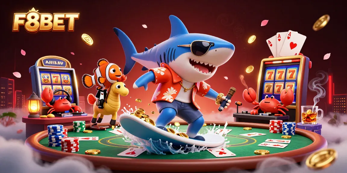 Experience excitement with F8BET as a shark surfs gold coins surrounded by vibrant casino elements.