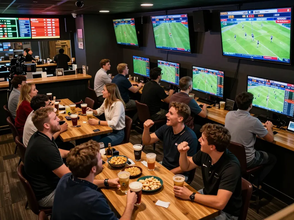 Engaged bettors reviewing kèo nhà cái while placing wagers in a lively sports bar setting.