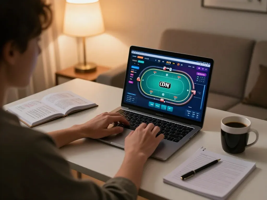 Engaging in idn poker from the comfort of home using a laptop.