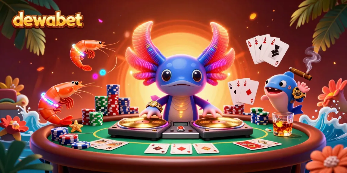 Dewabet menawarkan pengalaman bermain yang seru di meja poker dengan karakter unik di latar belakang.