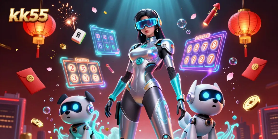 Experience thrilling gameplay at kk55 with a vibrant 3D casino illustration featuring exciting elements like slots and lucky symbols.
