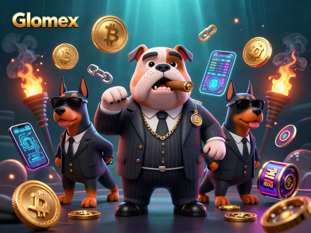 Engage with Glomex's casino world showcasing a mafia bulldog boss amidst vibrant gaming elements.