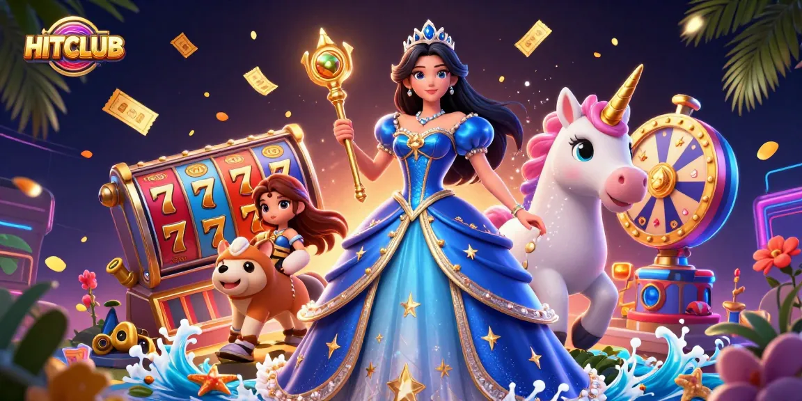 Play thrilling games at HITCLUB with vibrant slot reels, golden tickets, and enchanting characters.