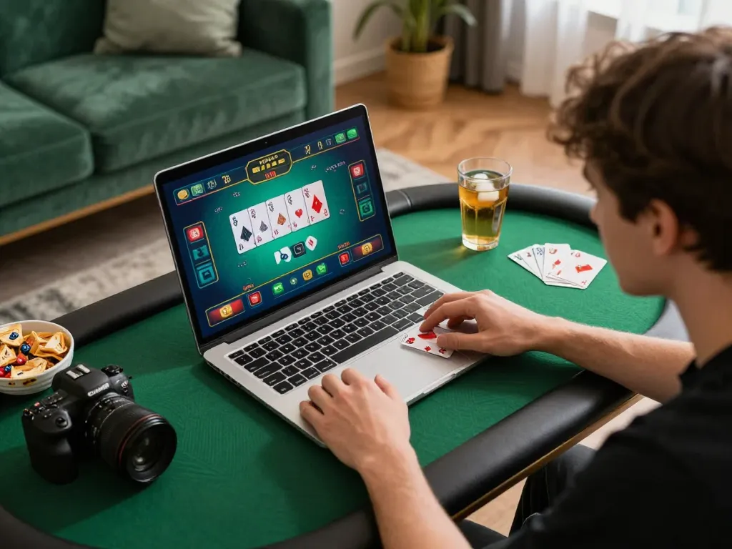 Create a Caricature of yourself during a poker game at home with strategic excitement.